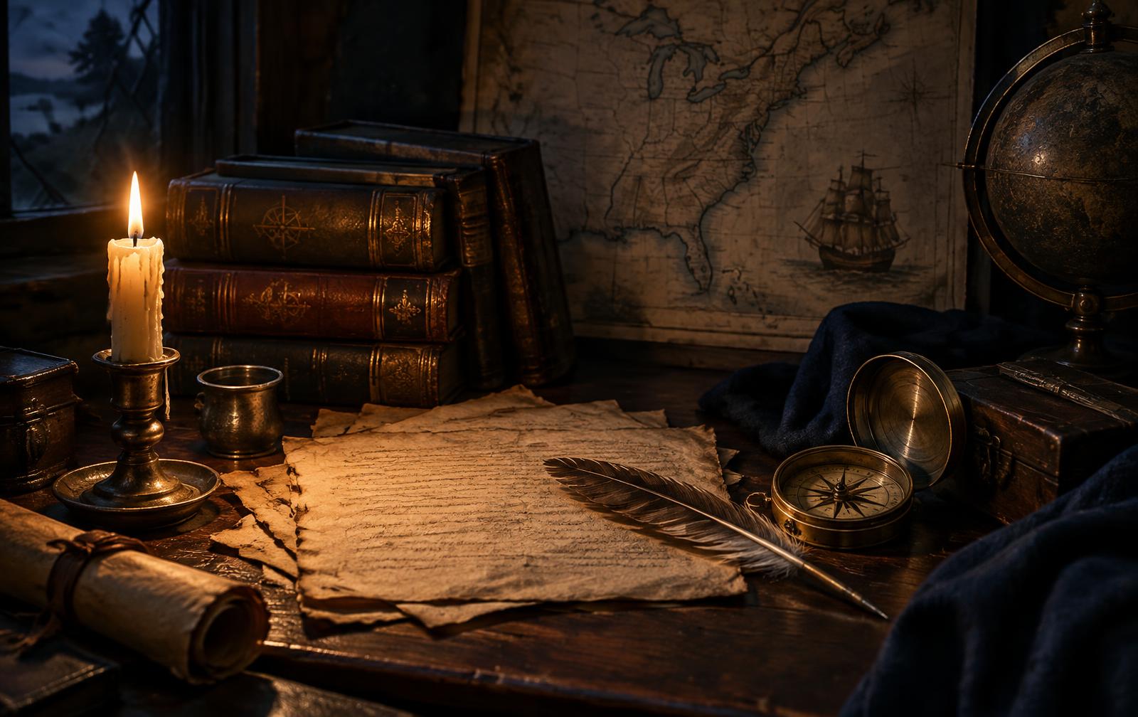 Candlelit desk with parchment, quill, compass and old history books